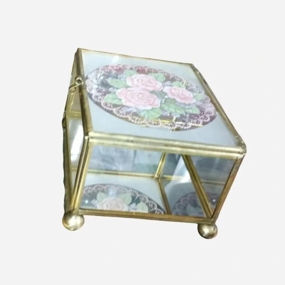 Rose etched glass jewelry box with brass accents